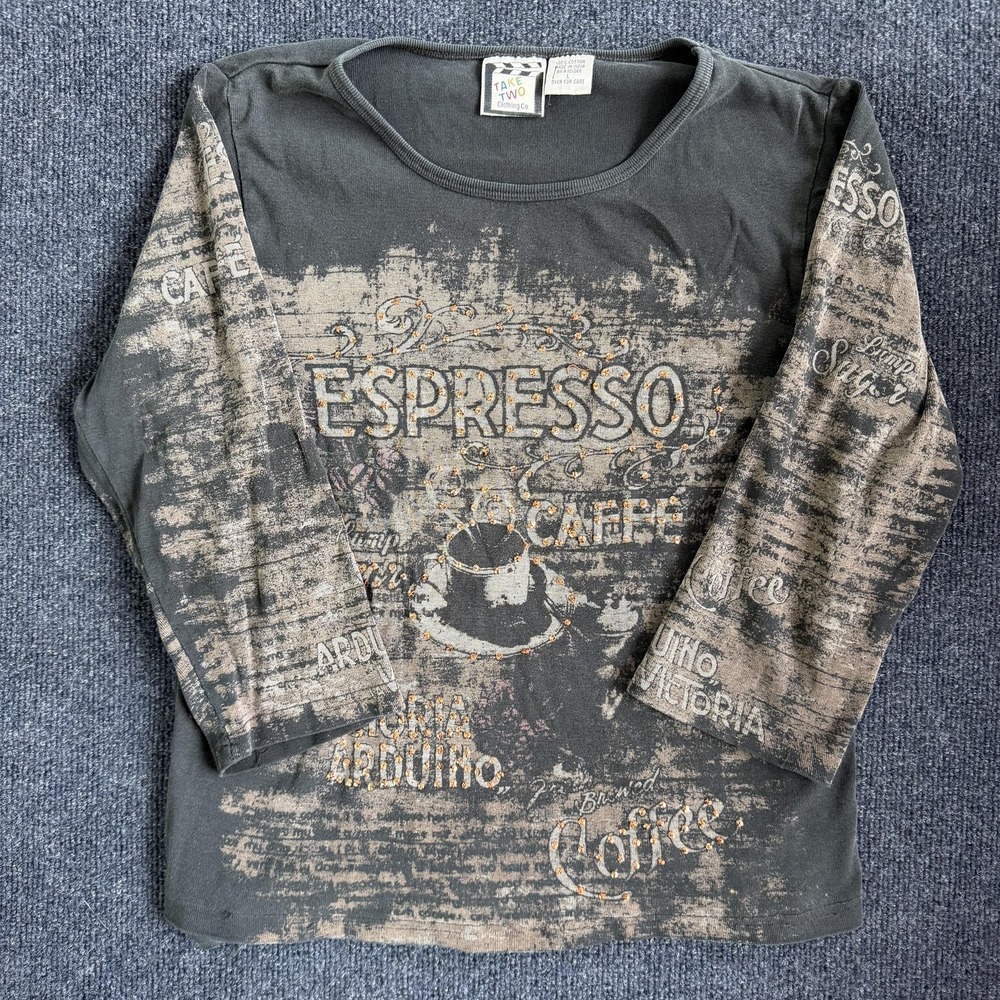 Y2K Take Two Shirt Womens Large Gray Espresso Coffee Rhinestone Long Sleeve